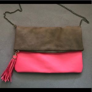 Taupe/coral leather purse.